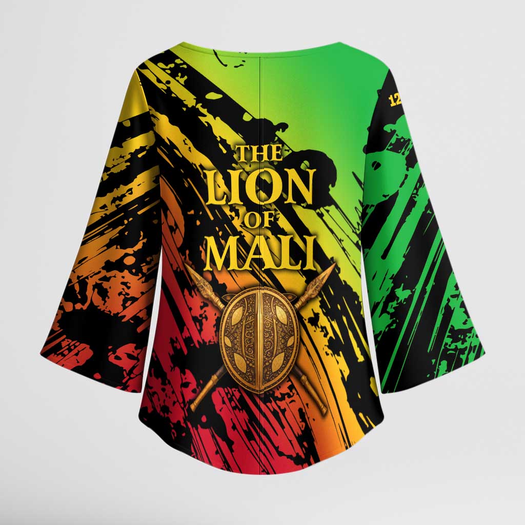 Sundiata Keita Kimono Sleeve Blouse with Regal Portrait, Lion of Mali Title and Bold Tribal Brushstroke Pattern - African Pride