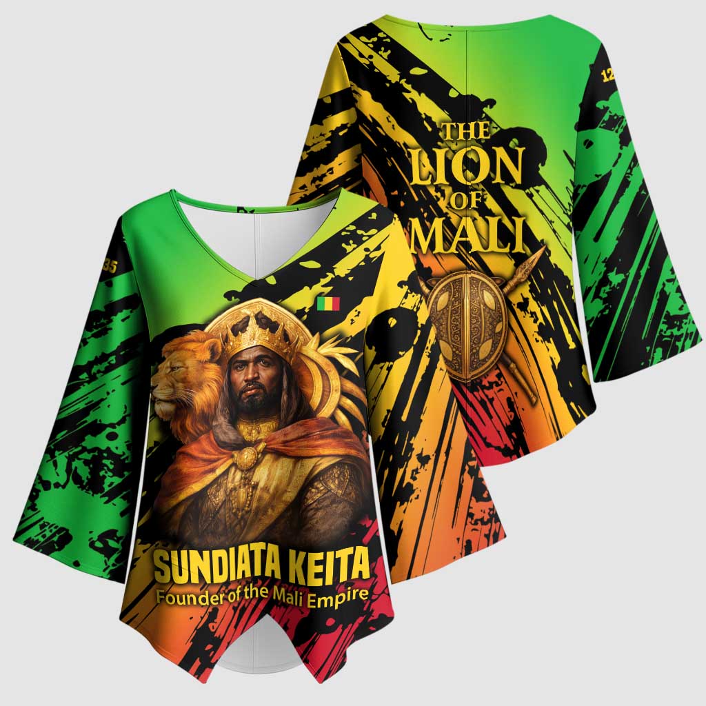 Sundiata Keita Kimono Sleeve Blouse with Regal Portrait, Lion of Mali Title and Bold Tribal Brushstroke Pattern - African Pride