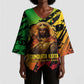 Sundiata Keita Kimono Sleeve Blouse with Regal Portrait, Lion of Mali Title and Bold Tribal Brushstroke Pattern - African Pride