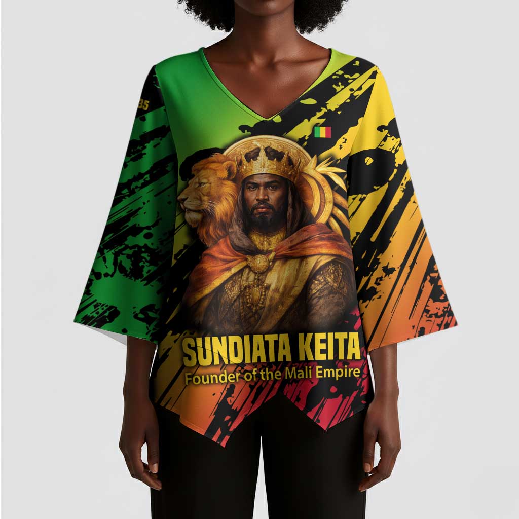 Sundiata Keita Kimono Sleeve Blouse with Regal Portrait, Lion of Mali Title and Bold Tribal Brushstroke Pattern - African Pride