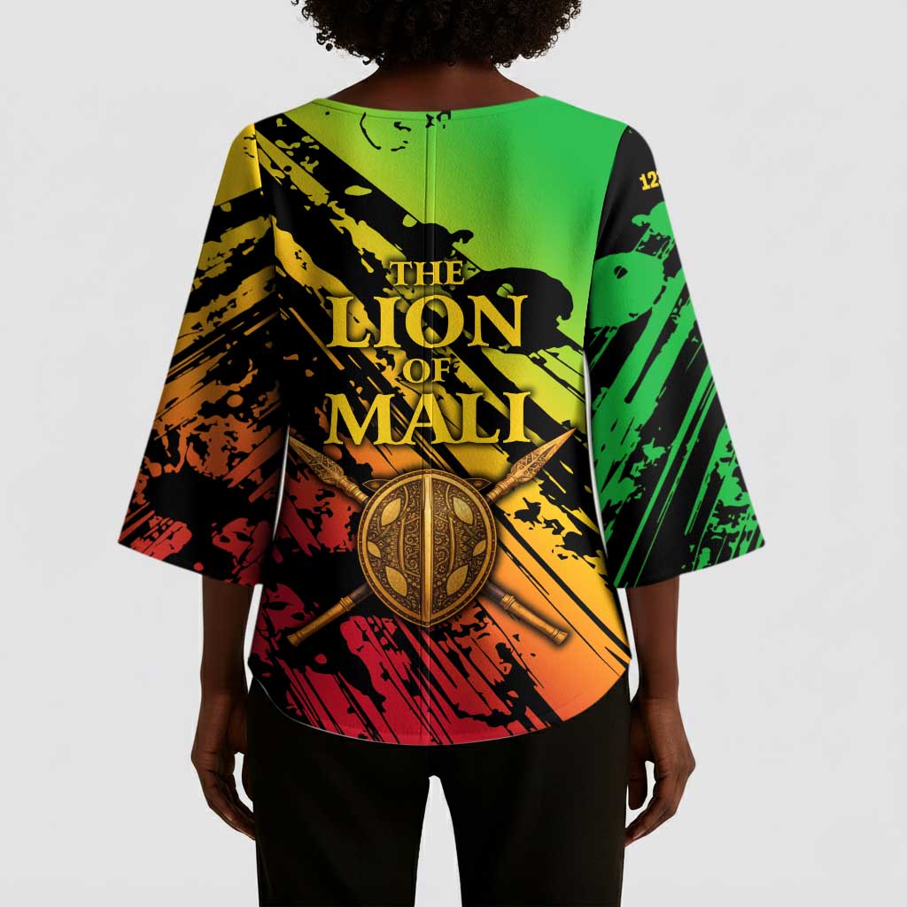 Sundiata Keita Kimono Sleeve Blouse with Regal Portrait, Lion of Mali Title and Bold Tribal Brushstroke Pattern - African Pride