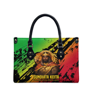 Sundiata Keita Leather Bag with Regal Portrait, Lion of Mali Title and Bold Tribal Brushstroke Pattern - African Pride