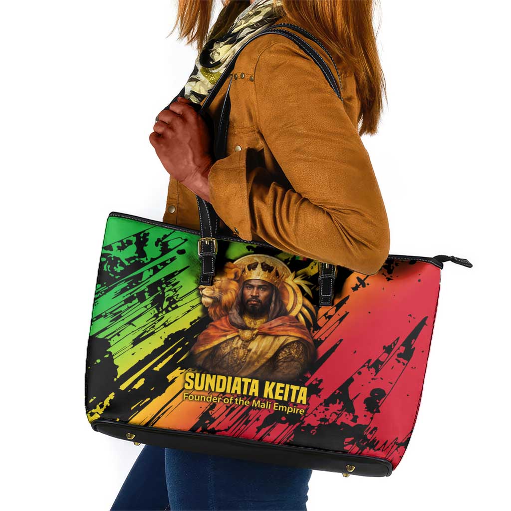 Sundiata Keita Leather Tote Bag with Regal Portrait, Lion of Mali Title and Bold Tribal Brushstroke Pattern - African Pride