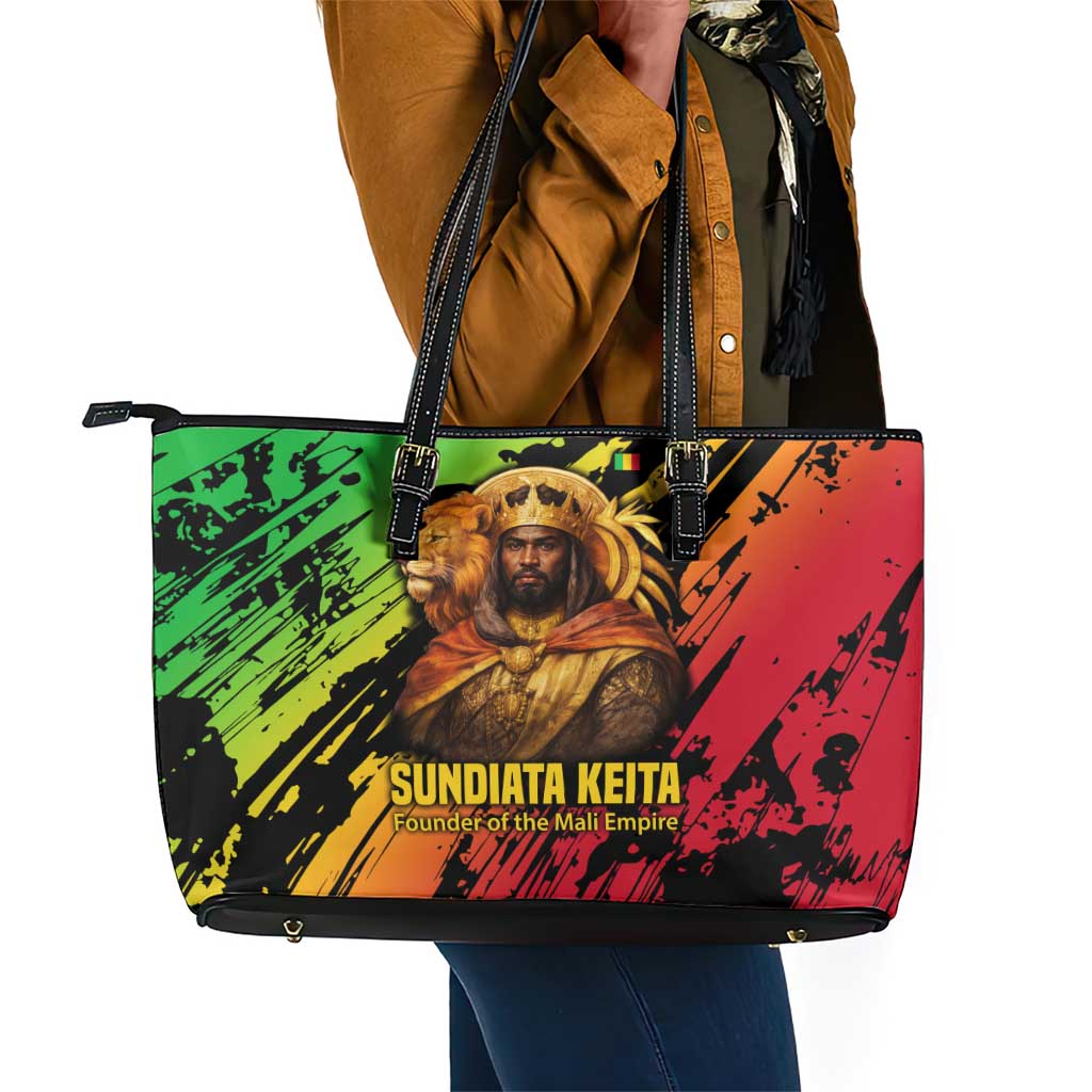 Sundiata Keita Leather Tote Bag with Regal Portrait, Lion of Mali Title and Bold Tribal Brushstroke Pattern - African Pride