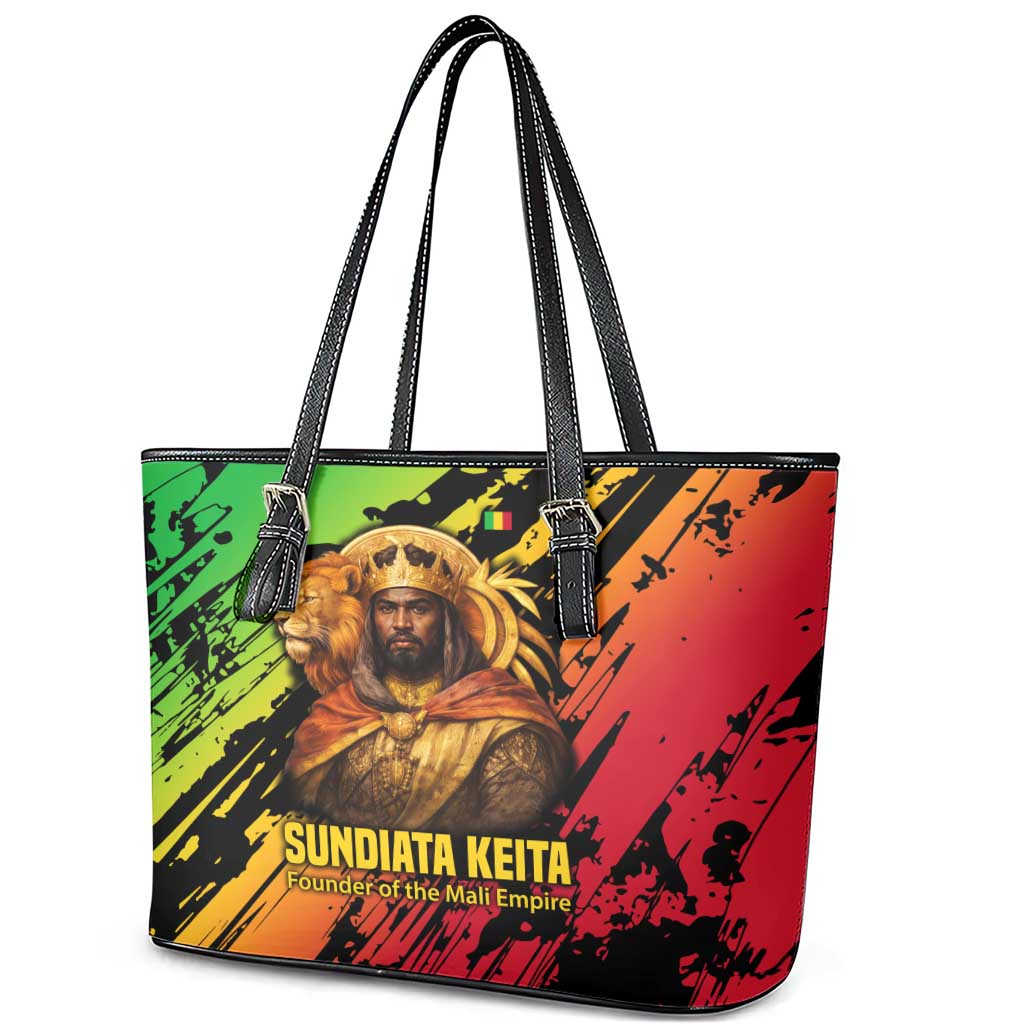 Sundiata Keita Leather Tote Bag with Regal Portrait, Lion of Mali Title and Bold Tribal Brushstroke Pattern - African Pride