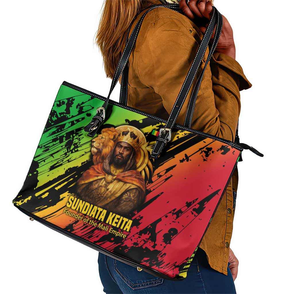 Sundiata Keita Leather Tote Bag with Regal Portrait, Lion of Mali Title and Bold Tribal Brushstroke Pattern - African Pride