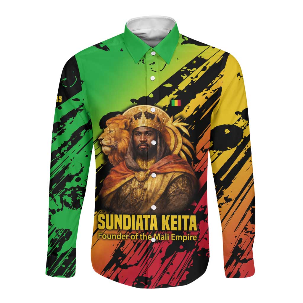 Sundiata Keita Long Sleeve Button Shirt with Regal Portrait, Lion of Mali Title and Bold Tribal Brushstroke Pattern - African Pride