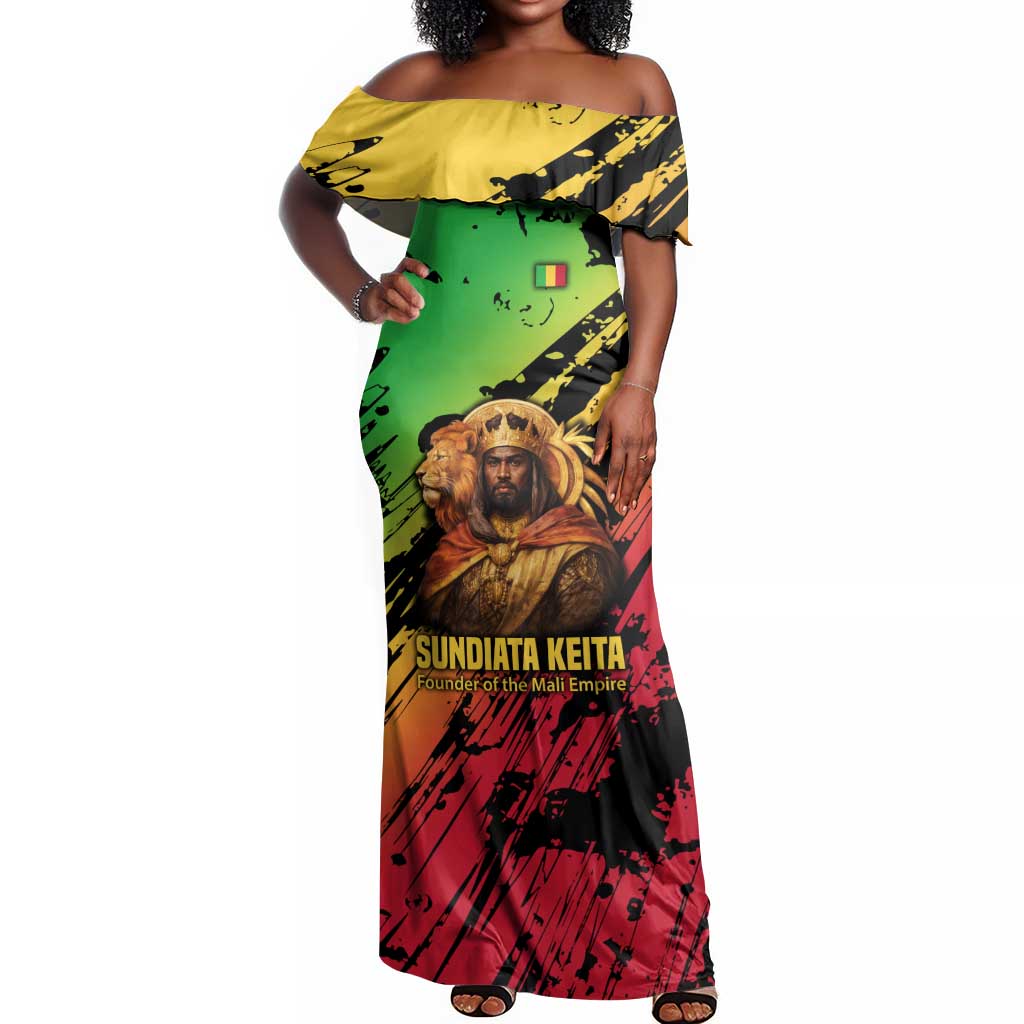 Sundiata Keita Off Shoulder Maxi Dress with Regal Portrait, Lion of Mali Title and Bold Tribal Brushstroke Pattern - African Pride