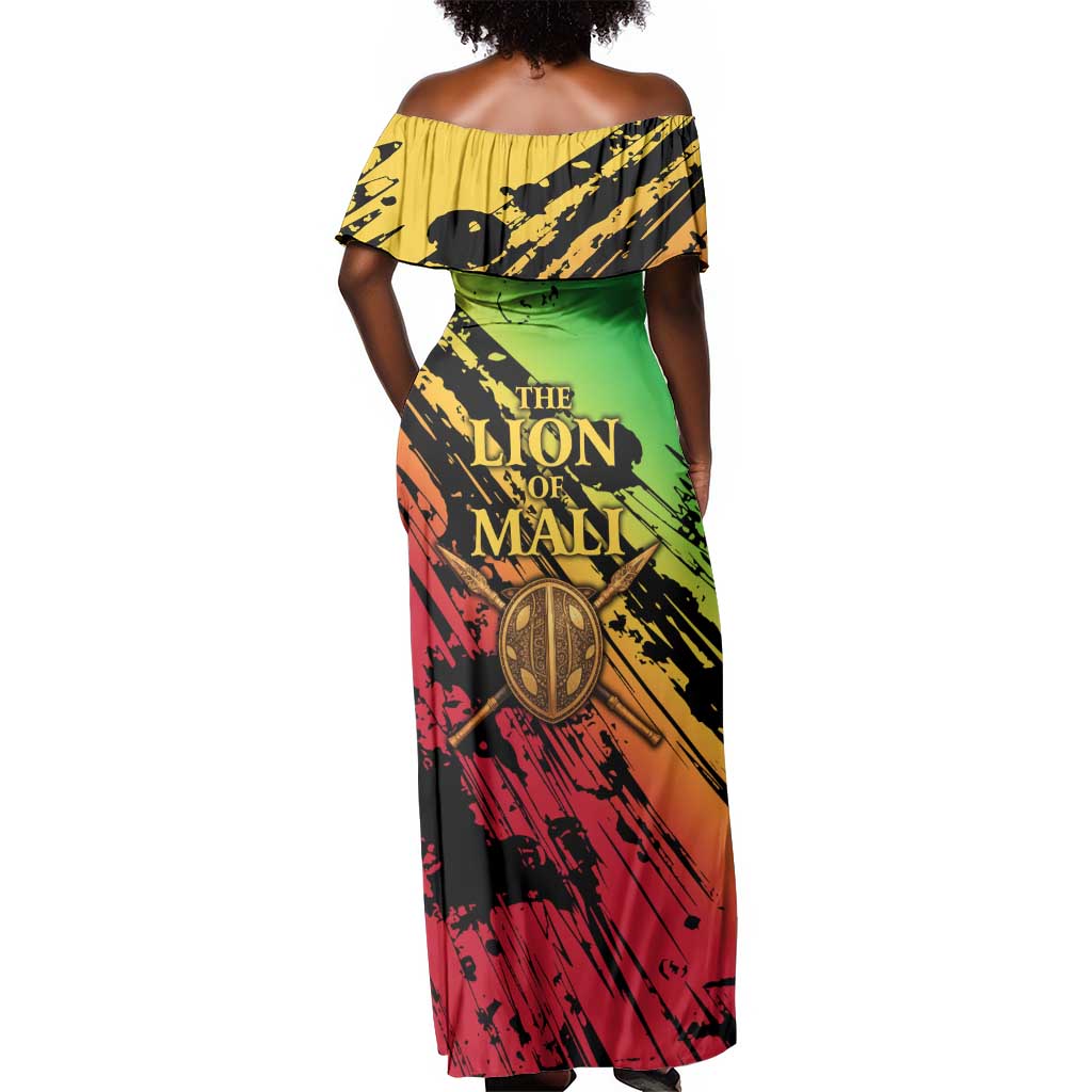 Sundiata Keita Off Shoulder Maxi Dress with Regal Portrait, Lion of Mali Title and Bold Tribal Brushstroke Pattern - African Pride