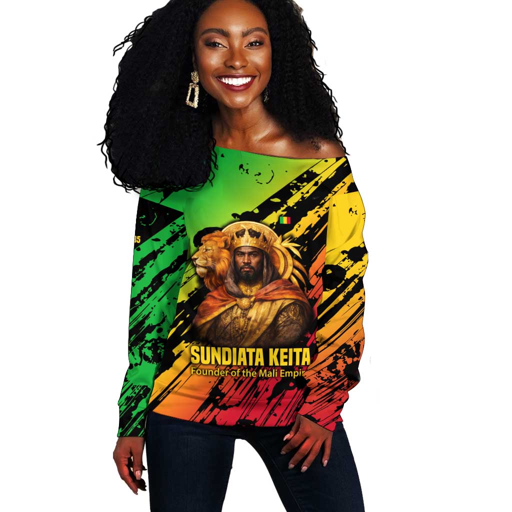 Sundiata Keita Off Shoulder Sweater with Regal Portrait, Lion of Mali Title and Bold Tribal Brushstroke Pattern - African Pride