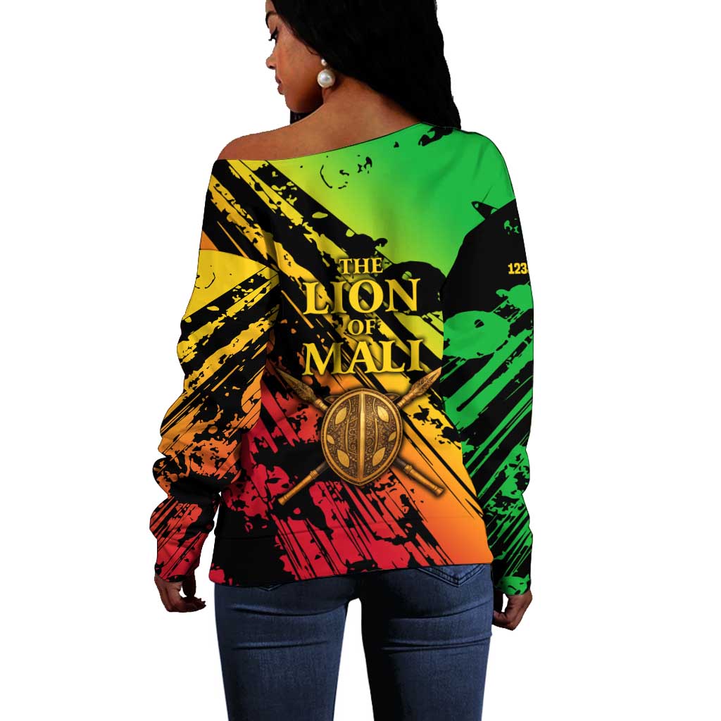 Sundiata Keita Off Shoulder Sweater with Regal Portrait, Lion of Mali Title and Bold Tribal Brushstroke Pattern - African Pride