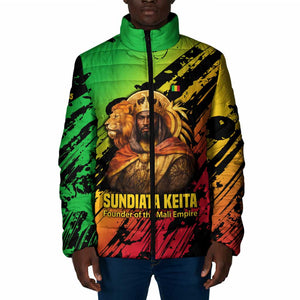 Sundiata Keita Padded Jacket with Regal Portrait, Lion of Mali Title and Bold Tribal Brushstroke Pattern - African Pride