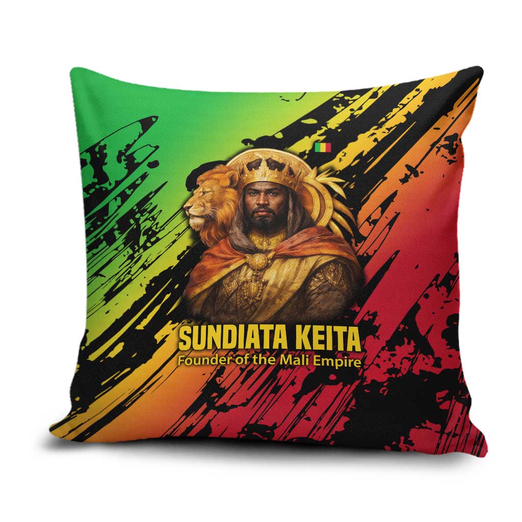 Sundiata Keita Pillow Cover with Regal Portrait, Lion of Mali Title and Bold Tribal Brushstroke Pattern - African Pride