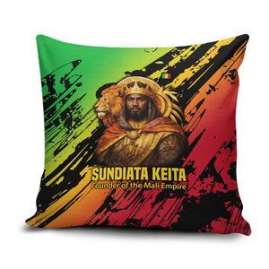 Sundiata Keita Pillow Cover with Regal Portrait, Lion of Mali Title and Bold Tribal Brushstroke Pattern - African Pride