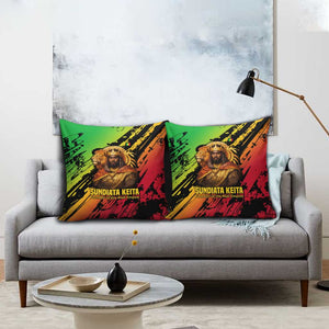Sundiata Keita Pillow Cover with Regal Portrait, Lion of Mali Title and Bold Tribal Brushstroke Pattern - African Pride