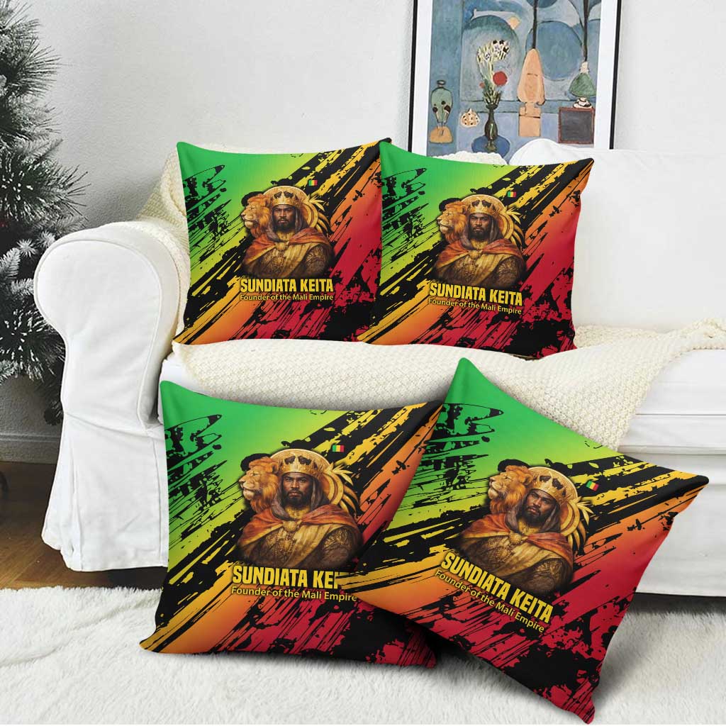 Sundiata Keita Pillow Cover with Regal Portrait, Lion of Mali Title and Bold Tribal Brushstroke Pattern - African Pride