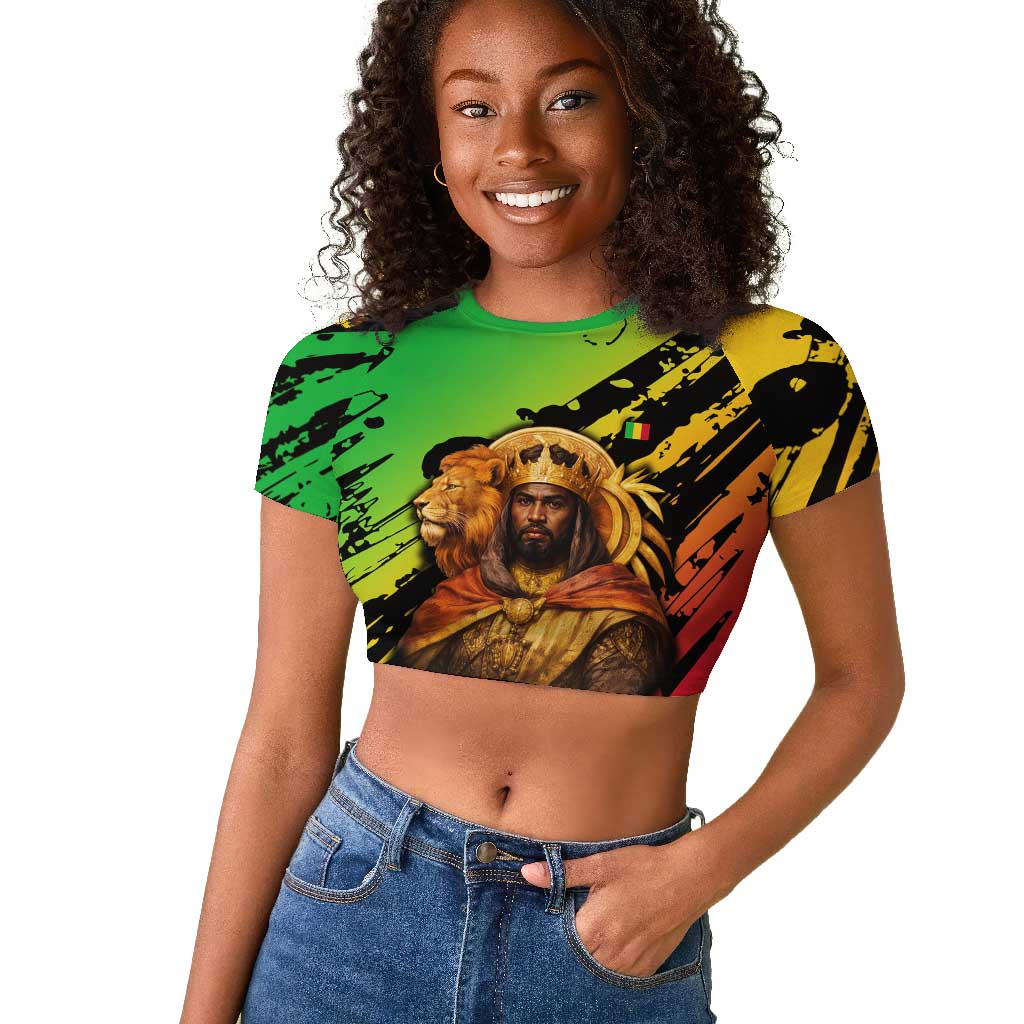 Sundiata Keita Raglan Cropped T shirt with Regal Portrait, Lion of Mali Title and Bold Tribal Brushstroke Pattern - African Pride