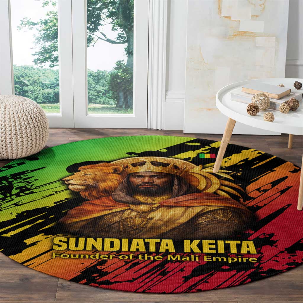 Sundiata Keita Round Carpet with Regal Portrait, Lion of Mali Title and Bold Tribal Brushstroke Pattern - African Pride