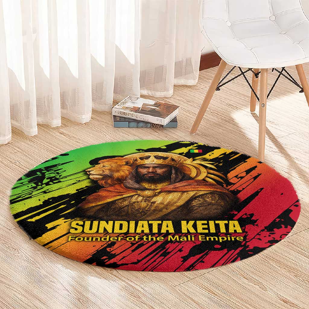 Sundiata Keita Round Carpet with Regal Portrait, Lion of Mali Title and Bold Tribal Brushstroke Pattern - African Pride