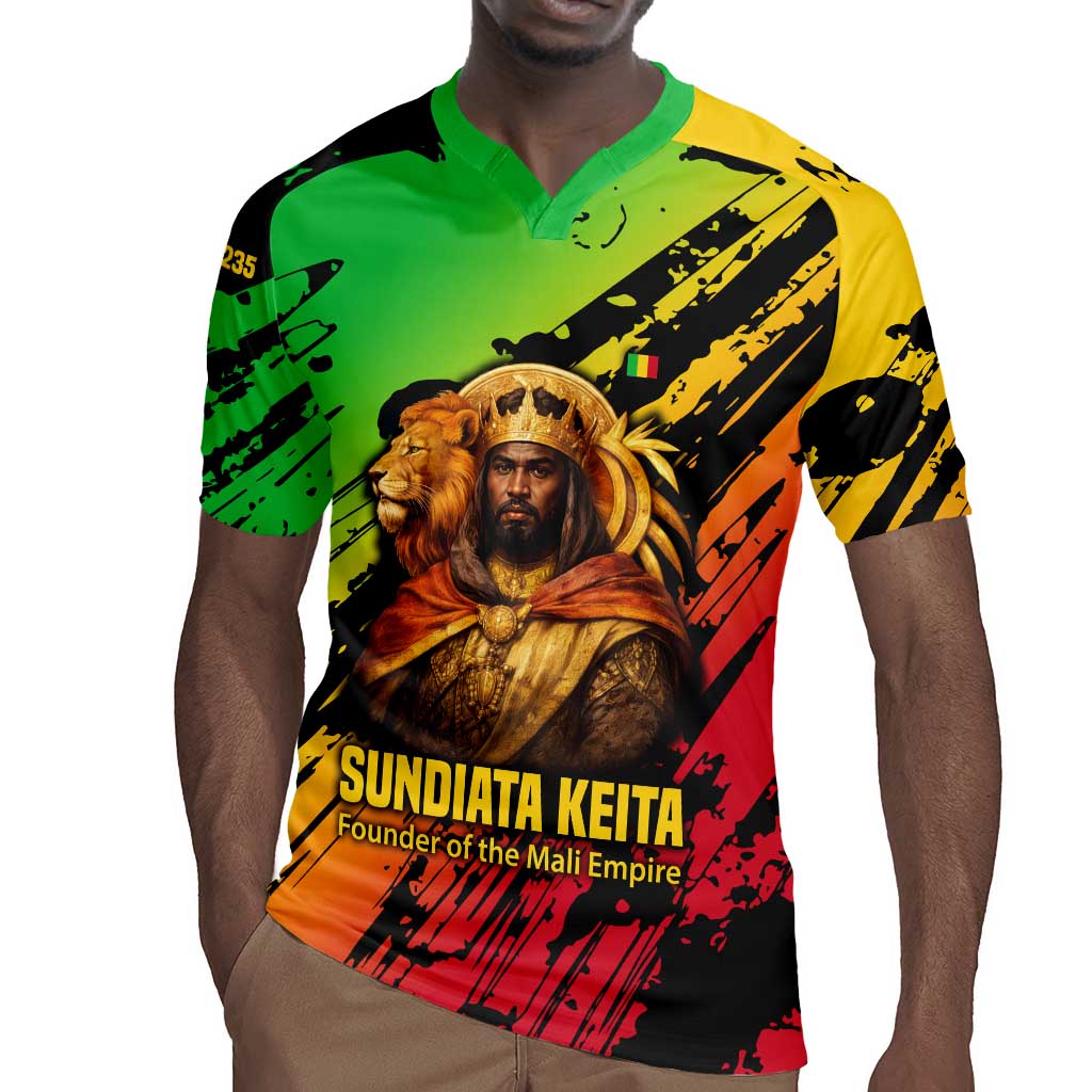 Sundiata Keita Rugby Jersey with Regal Portrait, Lion of Mali Title and Bold Tribal Brushstroke Pattern - African Pride