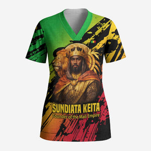 Sundiata Keita Scrub Top with Regal Portrait, Lion of Mali Title and Bold Tribal Brushstroke Pattern - African Pride