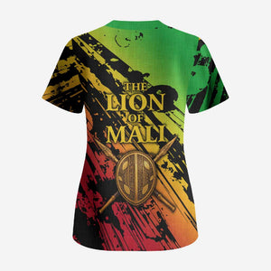 Sundiata Keita Scrub Top with Regal Portrait, Lion of Mali Title and Bold Tribal Brushstroke Pattern - African Pride