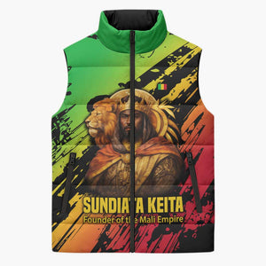Sundiata Keita Sleeveless Puffer Jacket with Regal Portrait, Lion of Mali Title and Bold Tribal Brushstroke Pattern - African Pride
