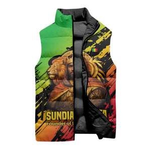 Sundiata Keita Sleeveless Puffer Jacket with Regal Portrait, Lion of Mali Title and Bold Tribal Brushstroke Pattern - African Pride