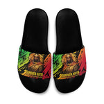 Sundiata Keita Slide Sandals with Regal Portrait, Lion of Mali Title and Bold Tribal Brushstroke Pattern - African Pride