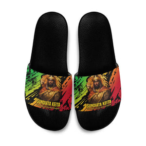 Sundiata Keita Slide Sandals with Regal Portrait, Lion of Mali Title and Bold Tribal Brushstroke Pattern - African Pride
