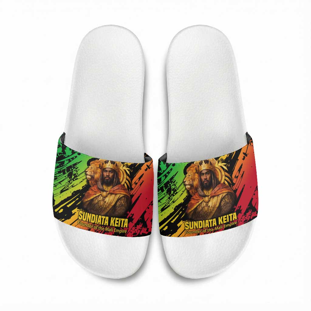 Sundiata Keita Slide Sandals with Regal Portrait, Lion of Mali Title and Bold Tribal Brushstroke Pattern - African Pride