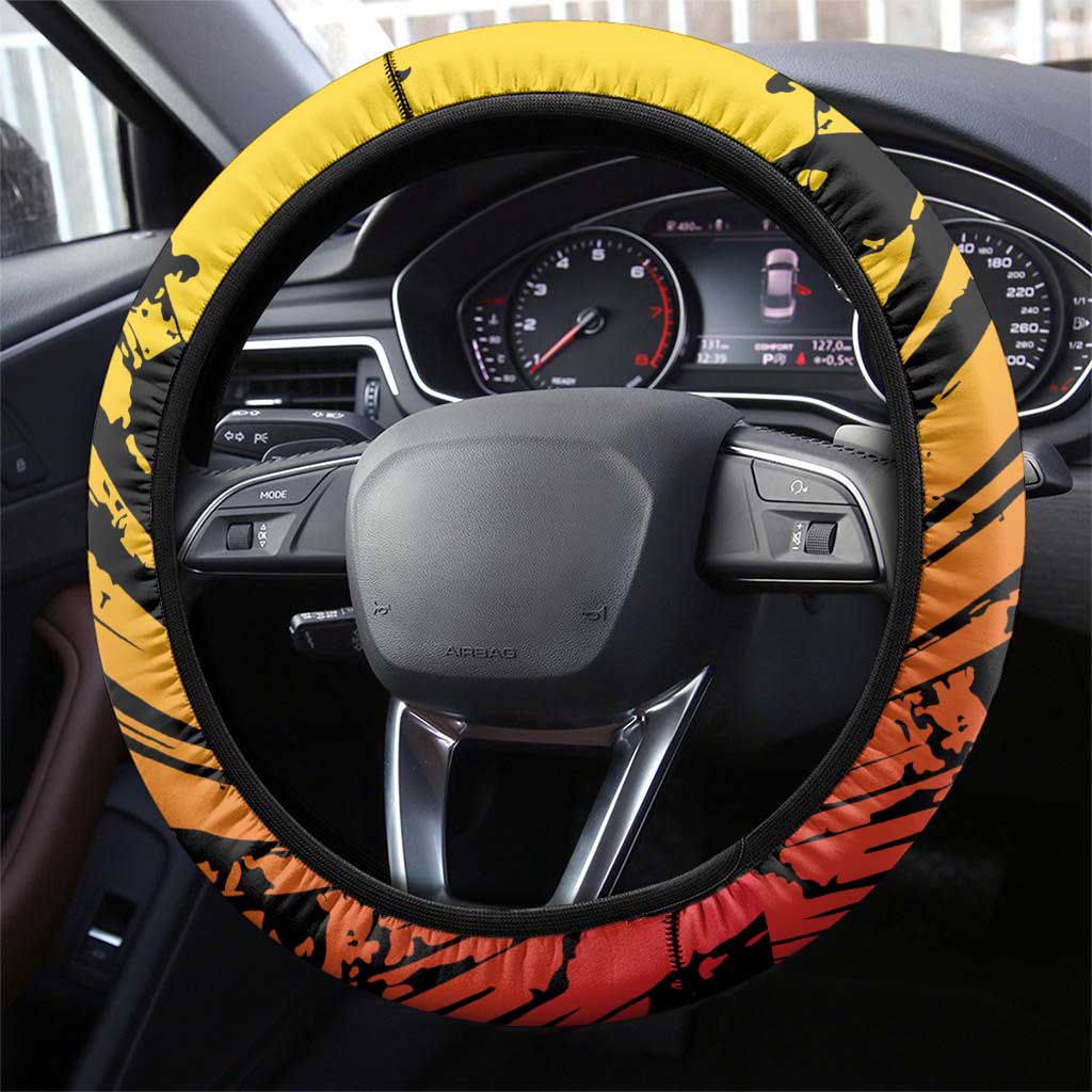 Sundiata Keita Steering Wheel Cover with Regal Portrait, Lion of Mali Title and Bold Tribal Brushstroke Pattern - African Pride