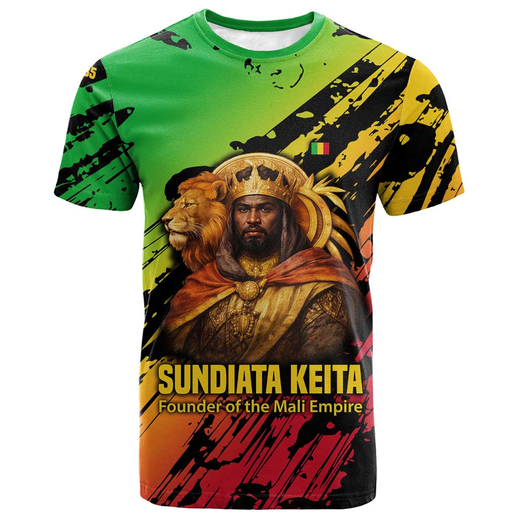 Sundiata Keita T shirt with Regal Portrait, Lion of Mali Title and Bold Tribal Brushstroke Pattern - African Pride
