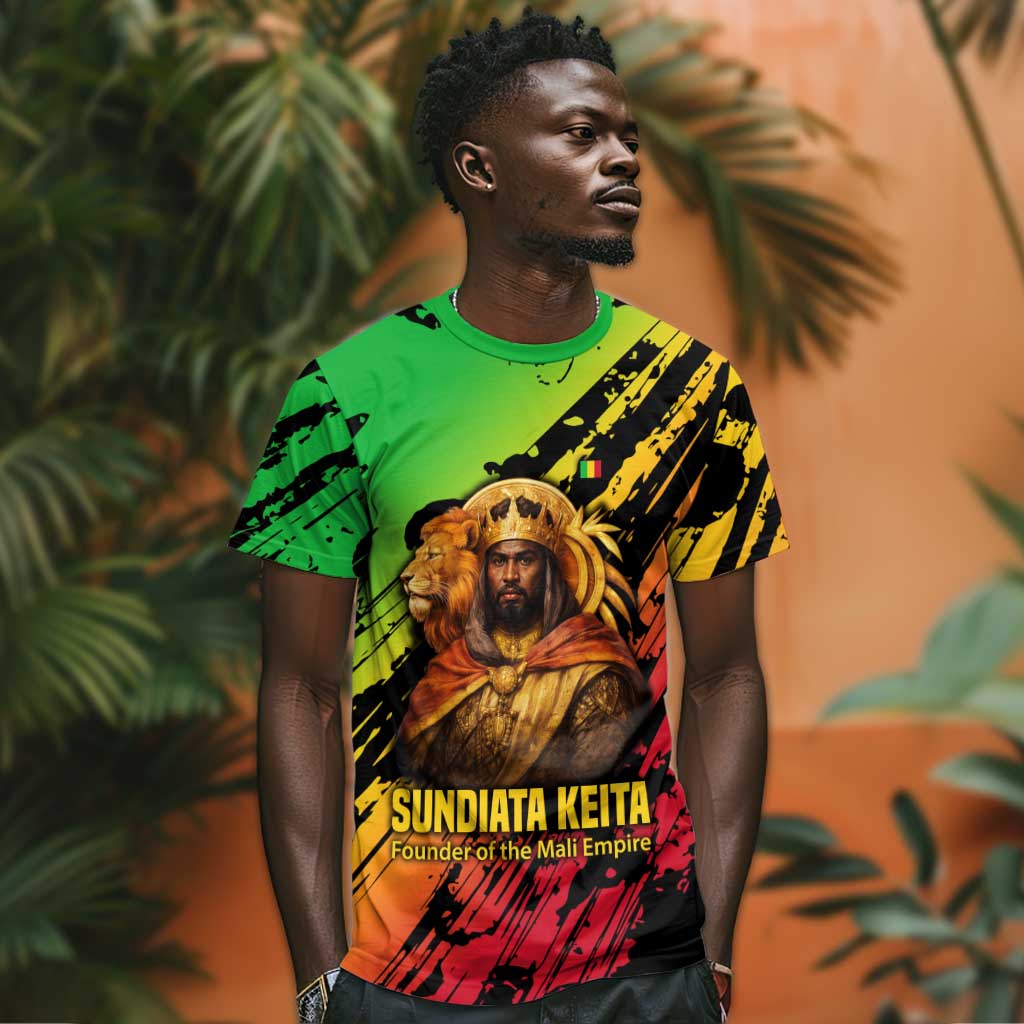 Sundiata Keita T shirt with Regal Portrait, Lion of Mali Title and Bold Tribal Brushstroke Pattern - African Pride