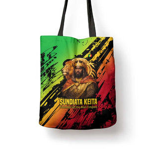 Sundiata Keita Tote Bag with Regal Portrait, Lion of Mali Title and Bold Tribal Brushstroke Pattern - African Pride