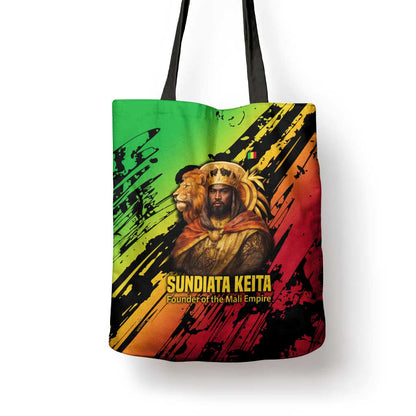 Sundiata Keita Tote Bag with Regal Portrait, Lion of Mali Title and Bold Tribal Brushstroke Pattern - African Pride