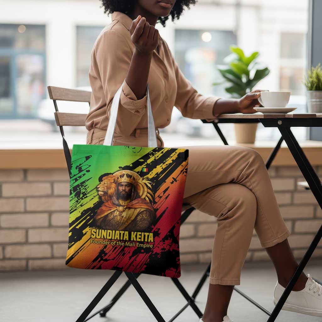 Sundiata Keita Tote Bag with Regal Portrait, Lion of Mali Title and Bold Tribal Brushstroke Pattern - African Pride
