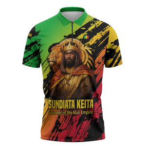 Sundiata Keita Zipper Polo Shirt with Regal Portrait, Lion of Mali Title and Bold Tribal Brushstroke Pattern - African Pride