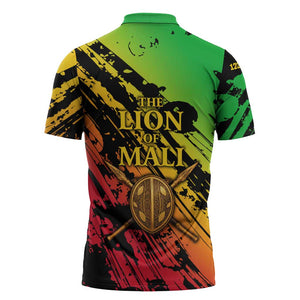 Sundiata Keita Zipper Polo Shirt with Regal Portrait, Lion of Mali Title and Bold Tribal Brushstroke Pattern - African Pride