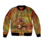 Sundiata Keita Bomber Jacket Griot Storytelling Scene, Epic of Sundiata Text and Heritage-Inspired Earth Tone - African Pride