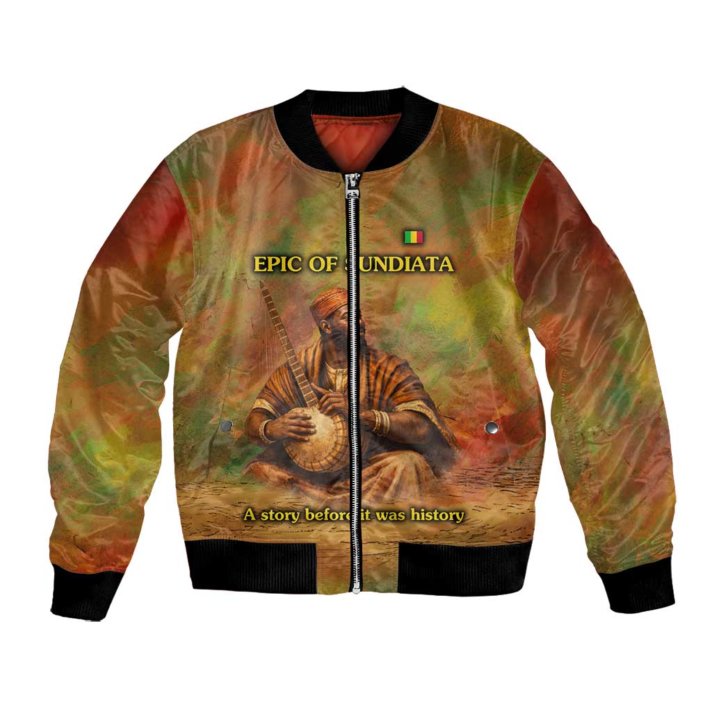 Sundiata Keita Bomber Jacket Griot Storytelling Scene, Epic of Sundiata Text and Heritage-Inspired Earth Tone - African Pride