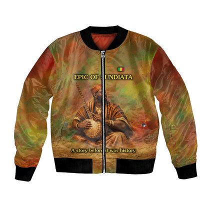 Sundiata Keita Bomber Jacket Griot Storytelling Scene, Epic of Sundiata Text and Heritage-Inspired Earth Tone - African Pride