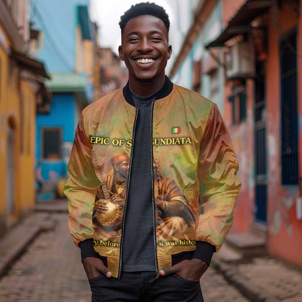 Sundiata Keita Bomber Jacket Griot Storytelling Scene, Epic of Sundiata Text and Heritage-Inspired Earth Tone - African Pride