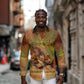 Sundiata Keita Long Sleeve Button Shirt Griot Storytelling Scene, Epic of Sundiata Text and Heritage-Inspired Earth Tone - African Pride