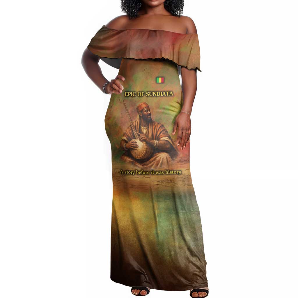 Sundiata Keita Off Shoulder Maxi Dress Griot Storytelling Scene, Epic of Sundiata Text and Heritage-Inspired Earth Tone - African Pride
