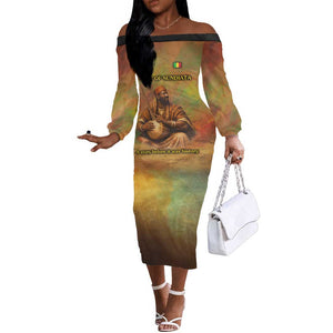 Sundiata Keita Off The Shoulder Long Sleeve Dress Griot Storytelling Scene, Epic of Sundiata Text and Heritage-Inspired Earth Tone - African Pride