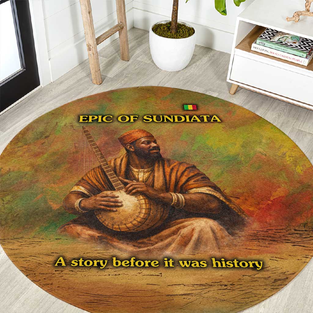 Sundiata Keita Round Carpet Griot Storytelling Scene, Epic of Sundiata Text and Heritage-Inspired Earth Tone - African Pride