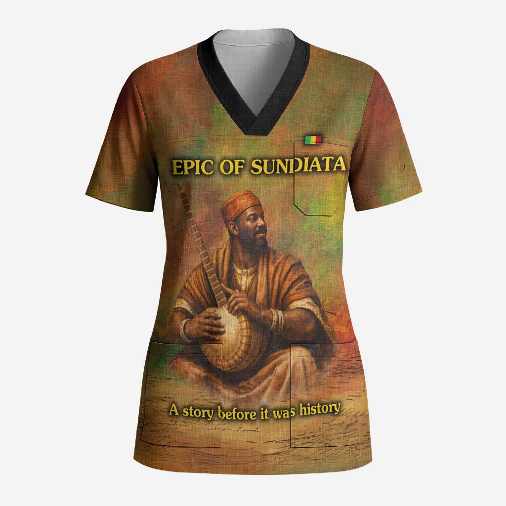 Sundiata Keita Scrub Top Griot Storytelling Scene, Epic of Sundiata Text and Heritage-Inspired Earth Tone - African Pride