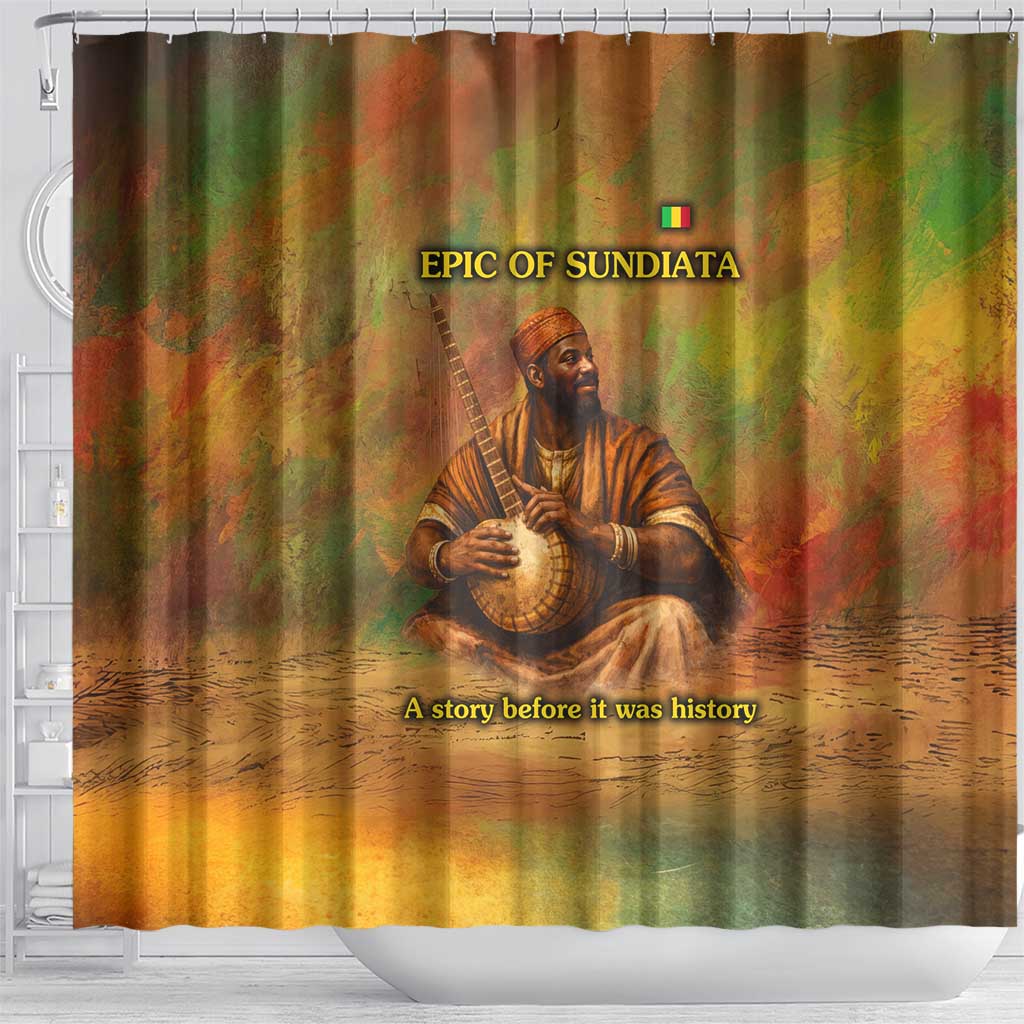Sundiata Keita Shower Curtain Griot Storytelling Scene, Epic of Sundiata Text and Heritage-Inspired Earth Tone - African Pride