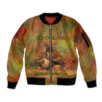 Sundiata Keita Sleeve Zip Bomber Jacket Griot Storytelling Scene, Epic of Sundiata Text and Heritage-Inspired Earth Tone - African Pride